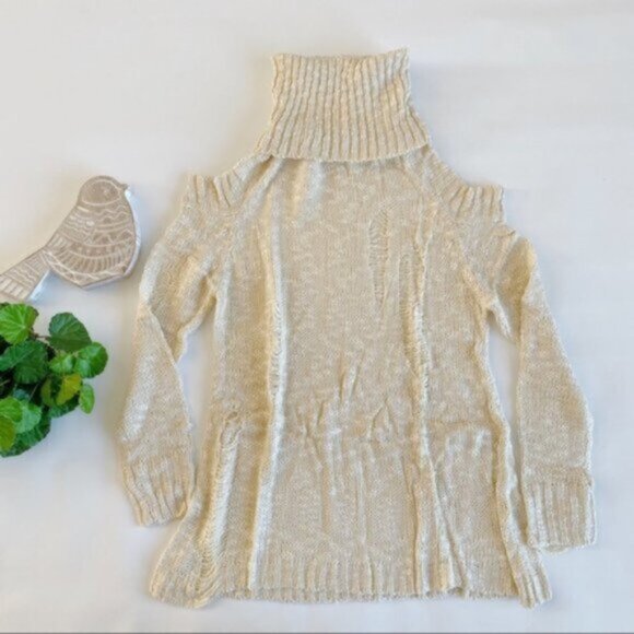 Easel | Bethany Distressed Destructed Cold Shoulder Sweater Tunic Cream Medium - Picture 3 of 14